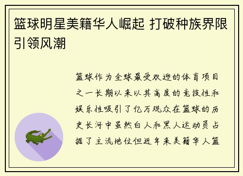 篮球明星美籍华人崛起 打破种族界限引领风潮